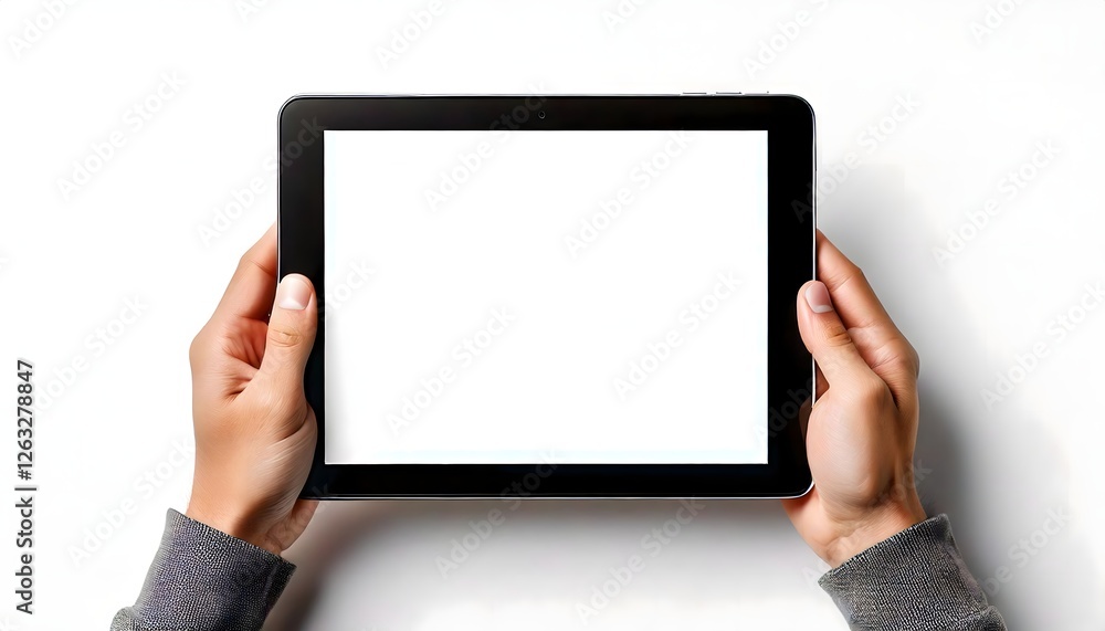 Close-up of hands gripping a black tablet with a blank screen for mockup use Close-up of hands gripping a black tablet with a blank screen for mockup use
