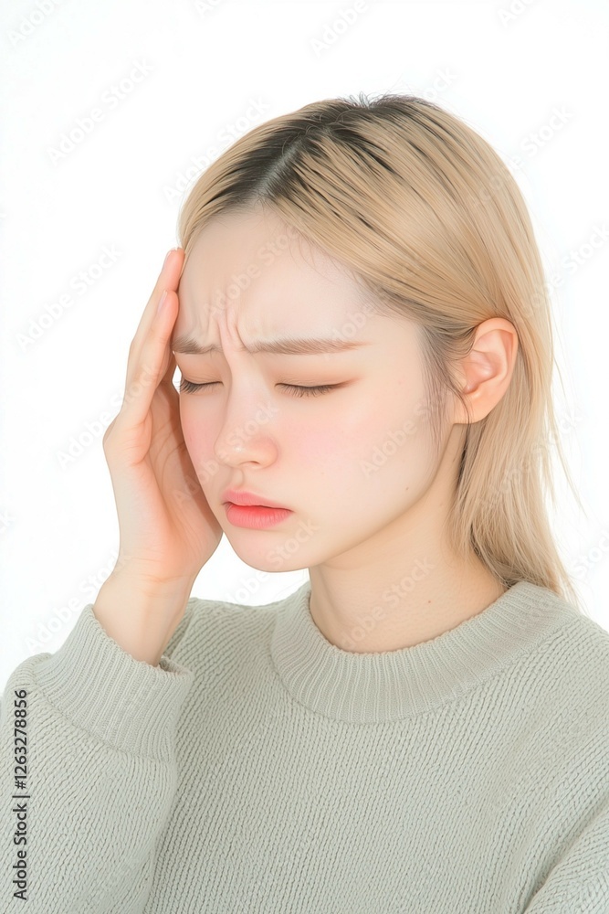 Young Woman Touching Her Temples with a Tense Expression Young Woman Touching Her Temples with a Tense Expression
