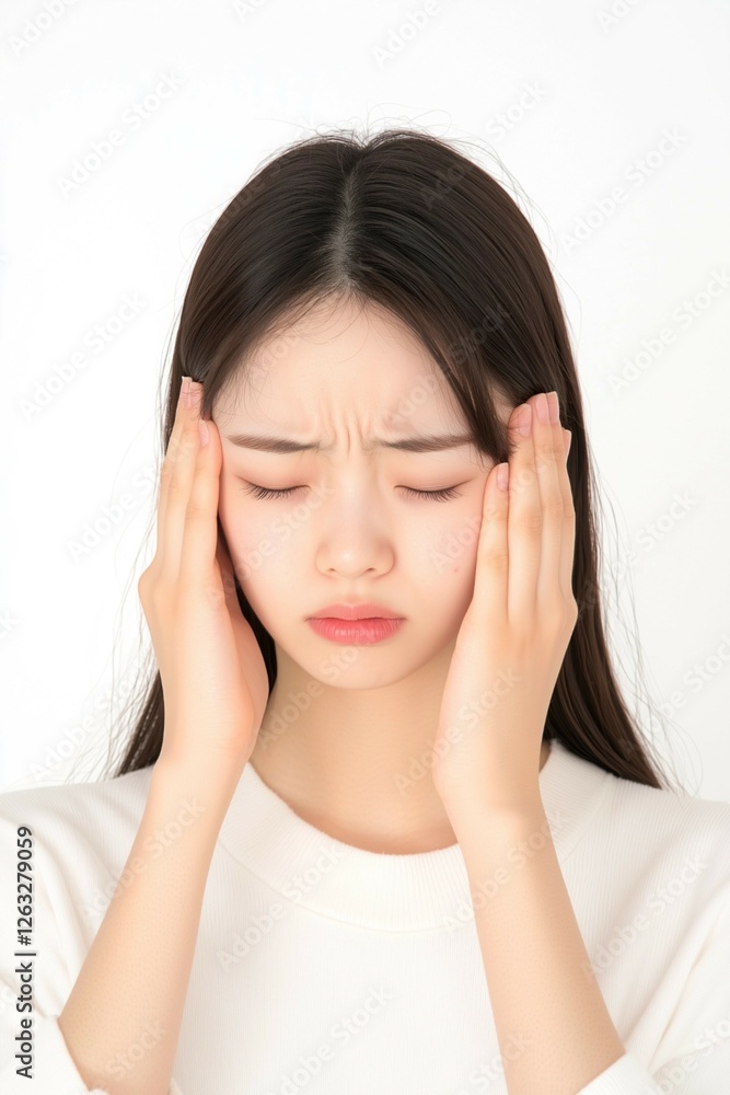 Young Woman Touching Her Temples with a Tense Expression Young Woman Touching Her Temples with a Tense Expression