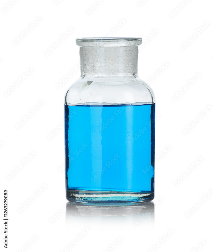 Glass flask with light blue liquid on mirror surface against white background Glass flask with light blue liquid on mirror surface against white background