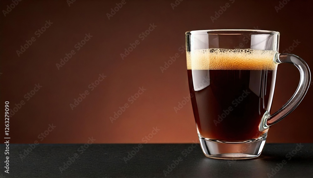 Freshly brewed coffee in a clear glass cup on a dark table background Freshly brewed coffee in a clear glass cup on a dark table background