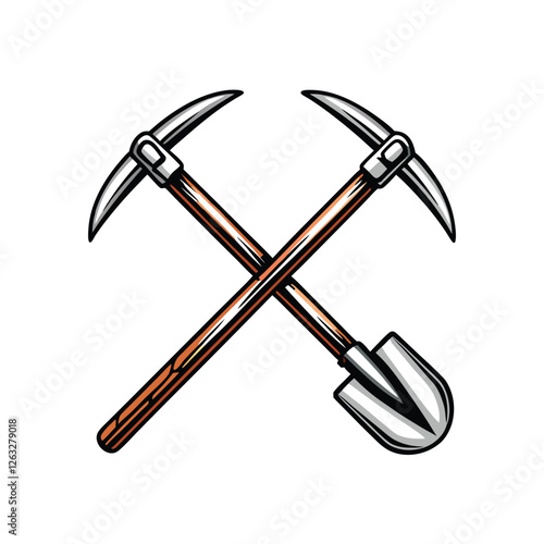Create a clean, editable vector graphic of a pickaxe and shovel, ideally crossed, suitable for various applications.  Ensure high-resolution, scalable design.