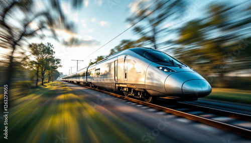 High-speed train in sharp focus with motion-blurred landscape, emphasizing speed. photo