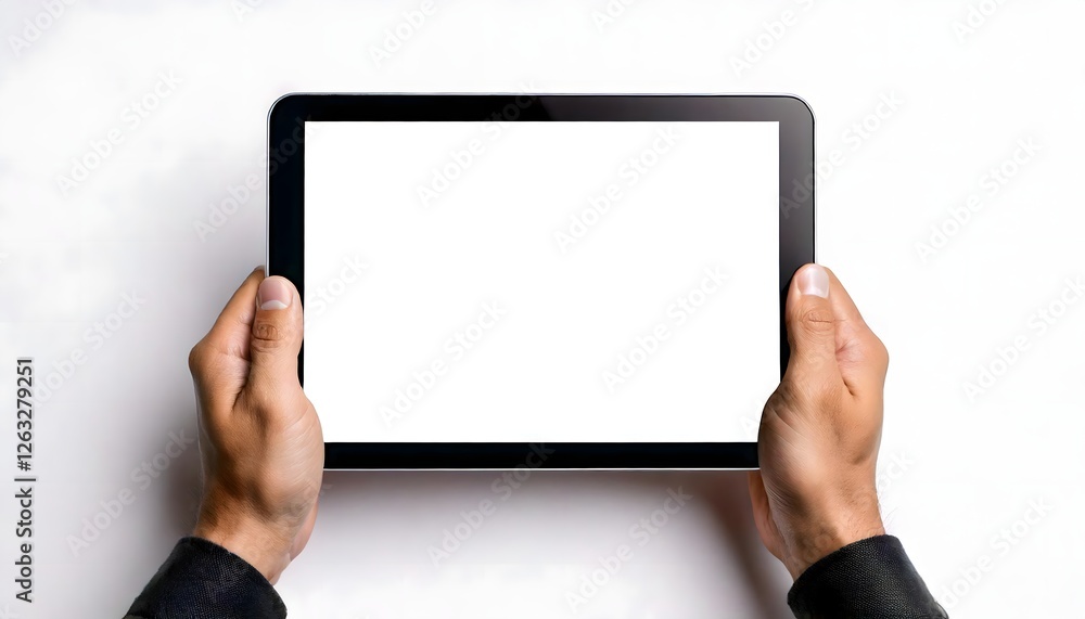 Man holding a tablet with a white display, ready for customization or design Man holding a tablet with a white display, ready for customization or design