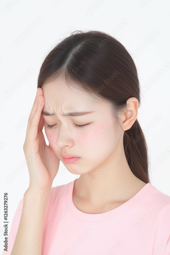 Young Woman Touching Her Temples with a Tense Expression Young Woman Touching Her Temples with a Tense Expression