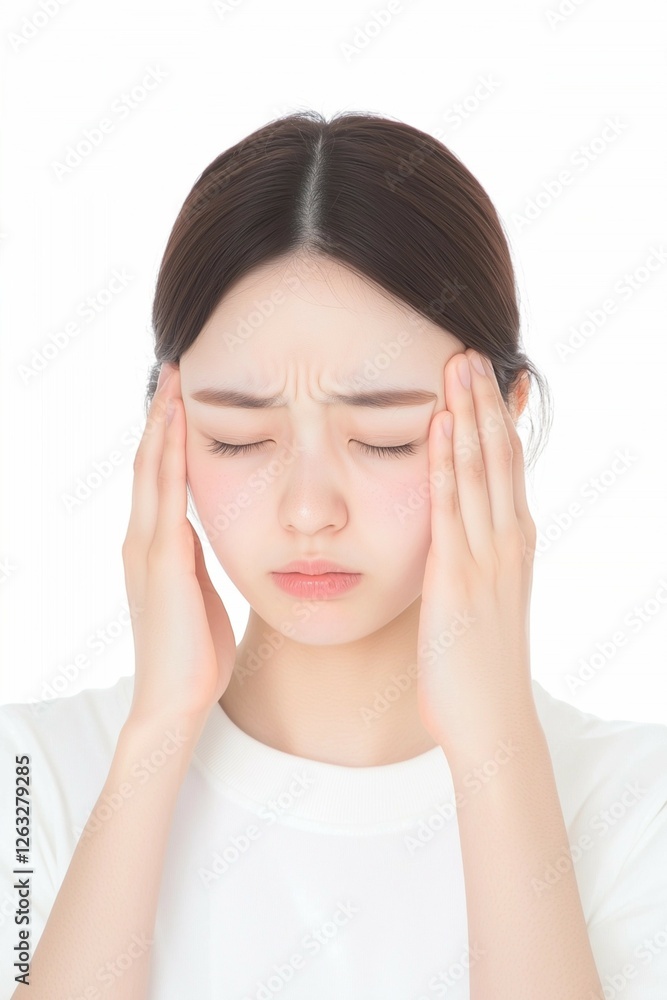 Young Woman Touching Her Temples with a Tense Expression Young Woman Touching Her Temples with a Tense Expression