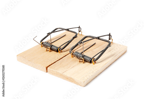 Two spring-loaded bar mousetraps isolated on white photo