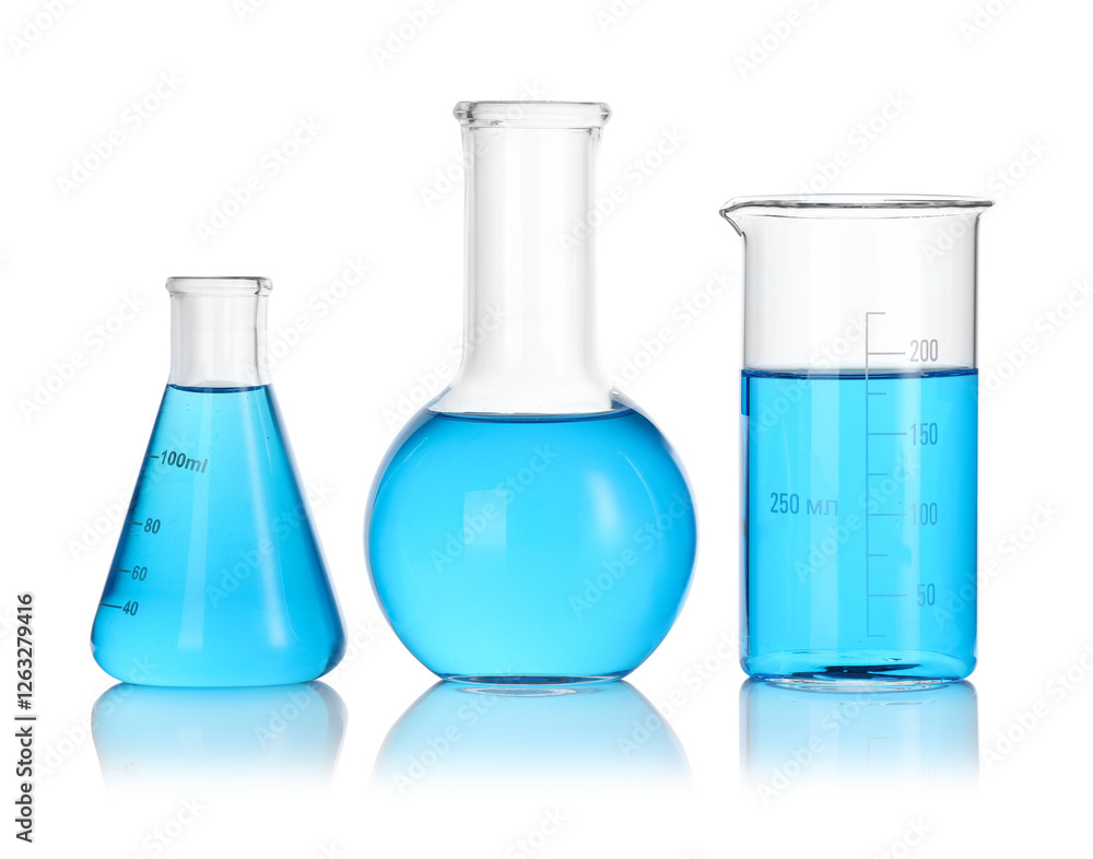 Laboratory glassware with blue liquid isolated on white Laboratory glassware with blue liquid isolated on white
