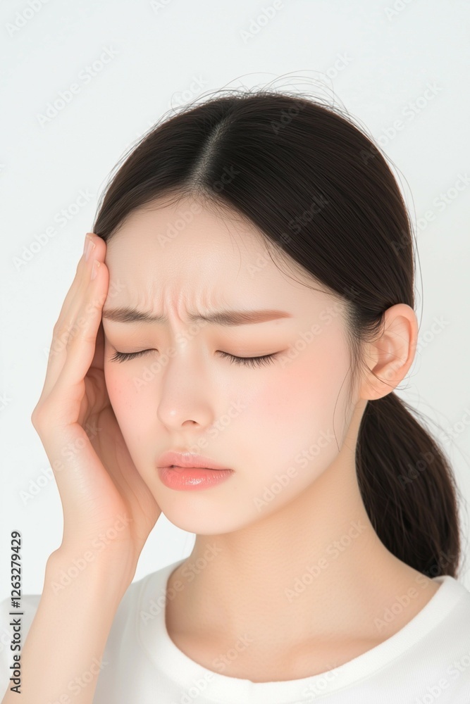 Young Woman Touching Her Temples with a Tense Expression Young Woman Touching Her Temples with a Tense Expression