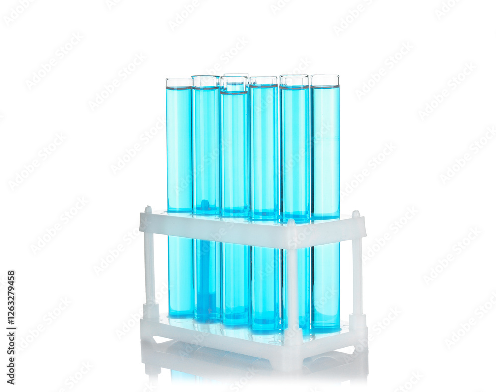 Test tubes with blue liquid isolated on white Test tubes with blue liquid isolated on white