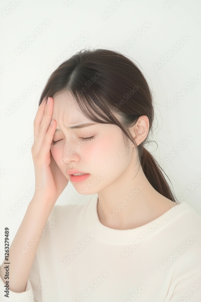 Young Woman Touching Her Temples with a Tense Expression Young Woman Touching Her Temples with a Tense Expression