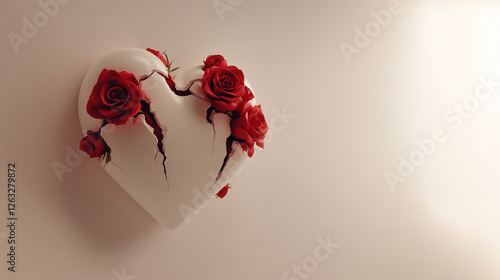 Cracked ceramic heart with roses – symbolic and emotional conceptual stock image for love and heartbreak