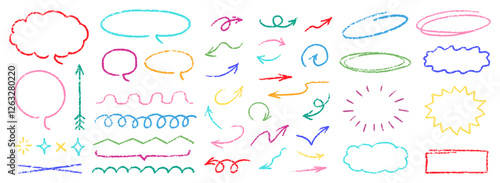 Cute Crayon Pencil Emphasis Squiggles Vector Set. Chalk Scribble Graffiti Arrows Frames Speech Bubbles Underlines. Hand Drawn Brush Texture Star Shapes Highlights. Pencil Childish Charcoal Doodles