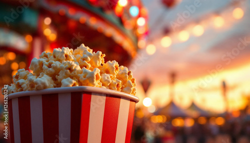 Close-up of popcorn in striped container, carnival at sunset, warm festive atmosphere. photo