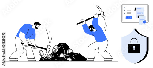 Two men in blue outfits break black stones with pickaxes. Nearby are an ID and payment confirmation, and a security shield with a lock. Ideal for labor, security, payment, identity, diligence