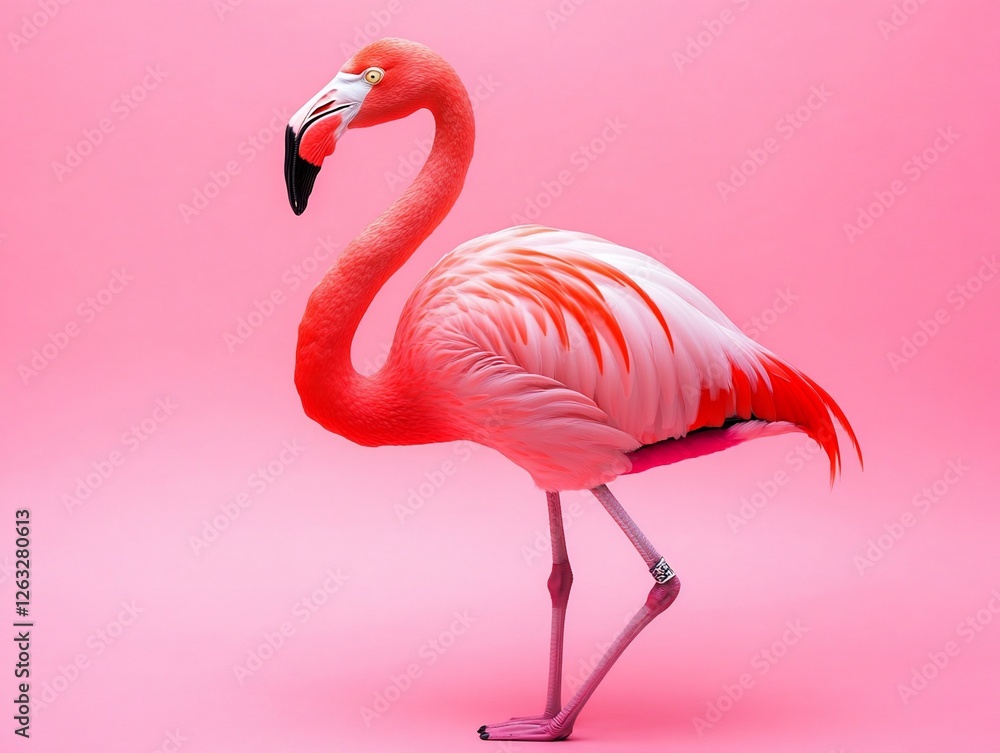 Fototapeta premium Pink flamingo standing on pink background.