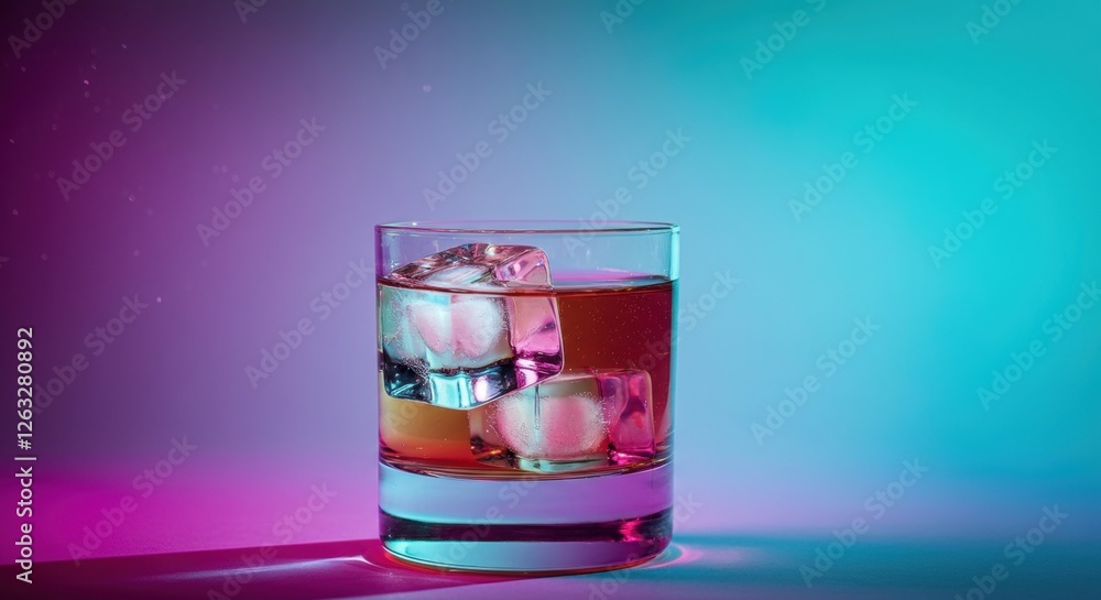 Vibrant whiskey glass with ice blocks against colorful background Vibrant whiskey glass with ice blocks against colorful background