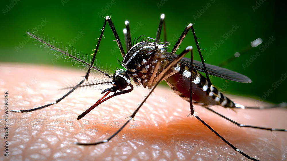 Close up of dengue fever mosquito biting on hand. AI generated images. Close up of dengue fever mosquito biting on hand. AI generated images.