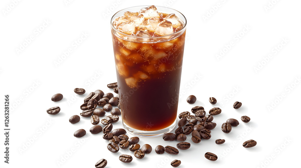 Refreshing Chilled Americano Coffee Served in a Tall Glass with Ice and Coffee Beans Refreshing Chilled Americano Coffee Served in a Tall Glass with Ice and Coffee Beans