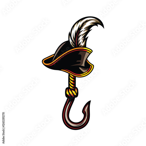 Create a clean, editable vector graphic of a pirate's hook and tricorn hat, suitable for digital design.  Ensure smooth lines and easily adjustable stroke weight.