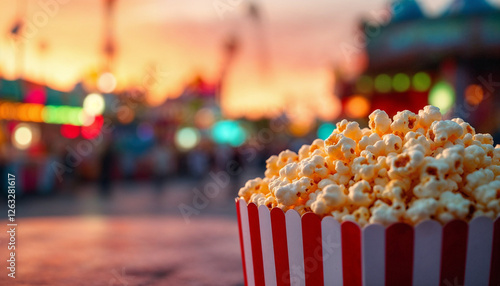 Close-up of popcorn in striped container, carnival at sunset, warm festive atmosphere. photo