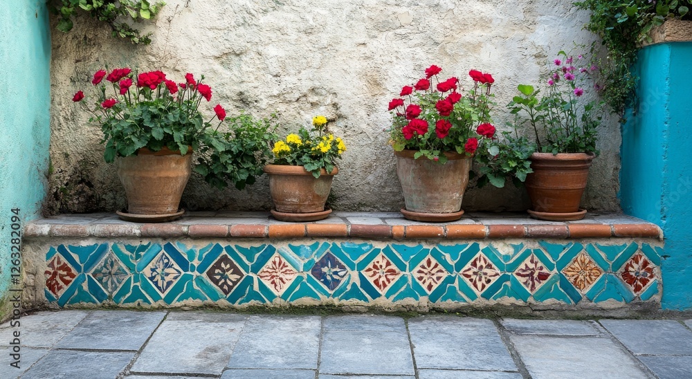 Naklejka premium Abstract Terracotta Tile Design in Different Colors and Shapes with Vases and Flowers