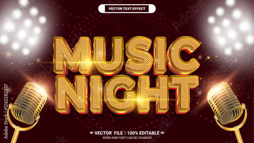 Music night gold elegant style 3d editable vector text effect with microphone vector 