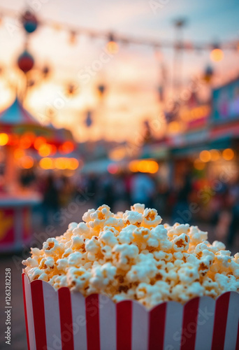 Close-up of popcorn in striped container, carnival at sunset, warm festive atmosphere. photo