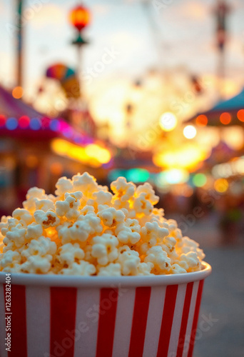 Close-up of popcorn in striped container, carnival at sunset, warm festive atmosphere. photo