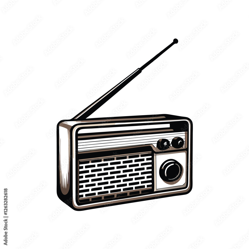 Create a clean, editable stroke vector graphic of a vintage radio with a tall antenna, suitable for retro-themed designs. Focus on precise lines and clean details. Create a clean, editable stroke vector graphic of a vintage radio with a tall antenna, suitable for retro-themed designs. Focus on precise lines and clean details.