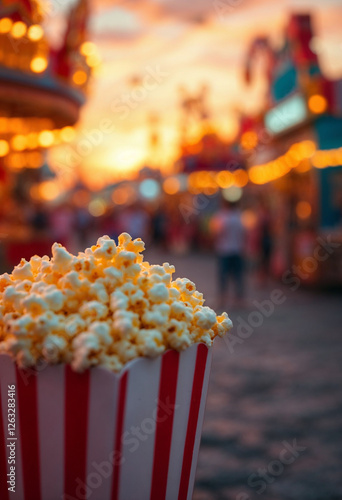 Close-up of popcorn in striped container, carnival at sunset, warm festive atmosphere. photo