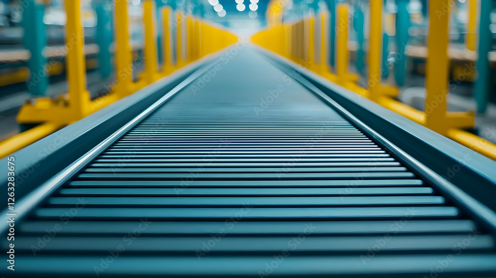 Abstract Industrial Conveyor Belt Perspective with Blurred Factory Support Structure Abstract Industrial Conveyor Belt Perspective with Blurred Factory Support Structure