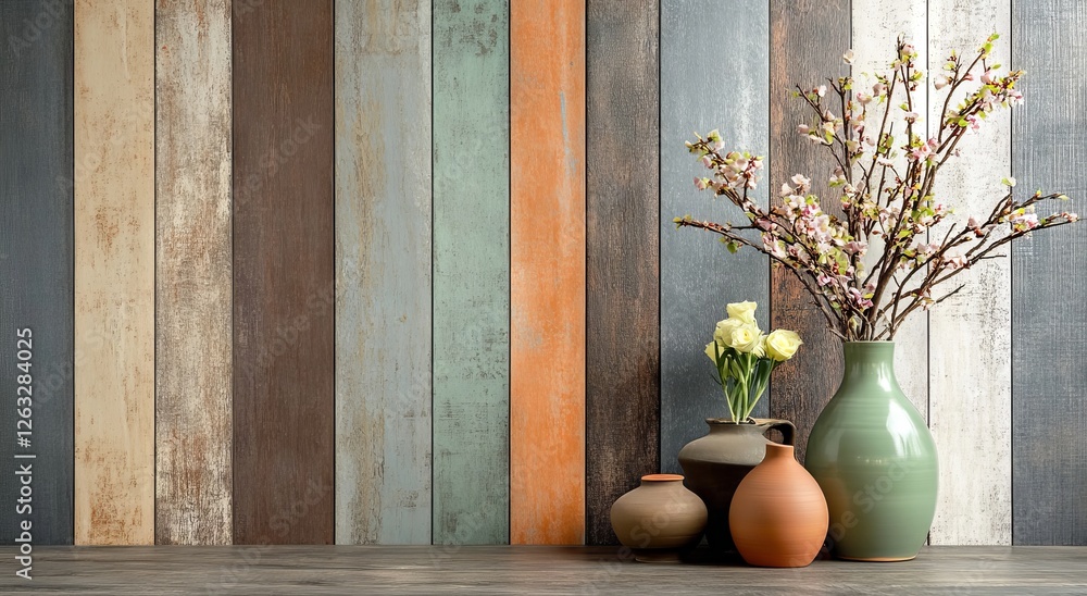 Abstract Terracotta Tile Design in Different Colors and Shapes with Vases and Flowers Abstract Terracotta Tile Design in Different Colors and Shapes with Vases and Flowers