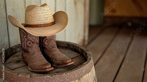 Rustic cowboy hat and boots on a barrel old western scene country style indoor close-up heritage vibes
