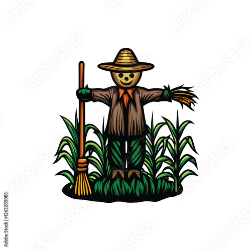 Editable vector illustration of a friendly scarecrow standing in a cornfield, perfect for autumnal designs.