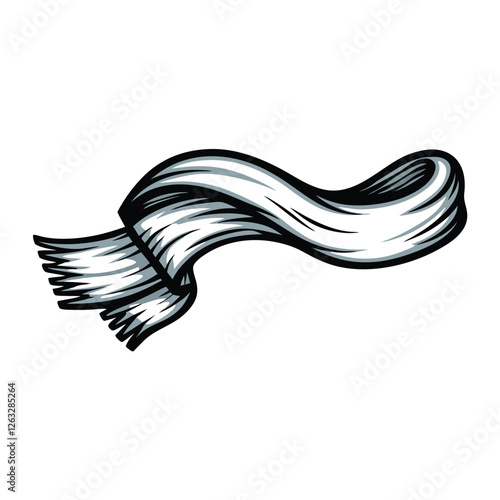 Create a vector illustration of a scarf, editable stroke, dynamically blowing in the wind, showing realistic fabric folds and texture.
