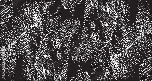 Monochrome texture composed of irregular graphic elements. Distressed uneven grunge background. Abstract vector illustration. Overlay for interesting effect and depth. Isolated on white background.