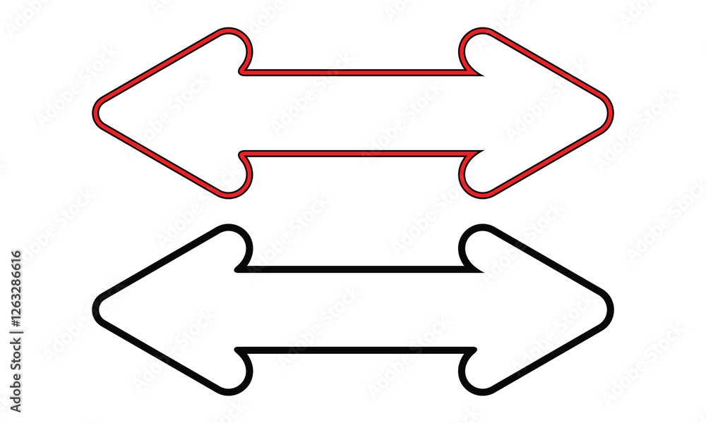 Red and black double headed arrow. Arrow indicated the direction symbol. Cursor. Collection different arrow signs. Black arrow icon on white background. Red and black double headed arrow. Arrow indicated the direction symbol. Cursor. Collection different arrow signs. Black arrow icon on white background.
