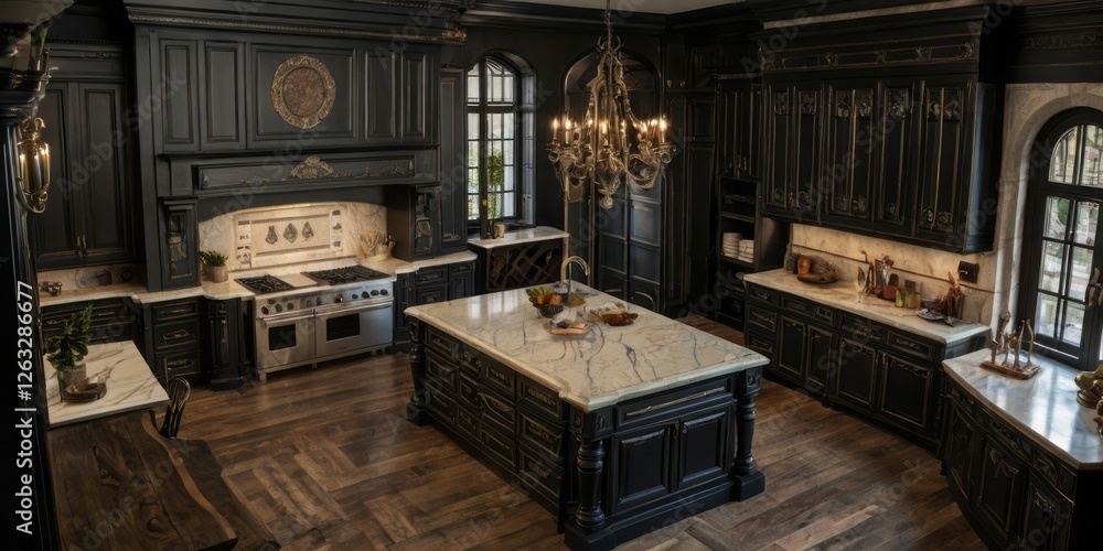 Fototapeta premium Elegant Dark Kitchen With Marble Island And Chandelier