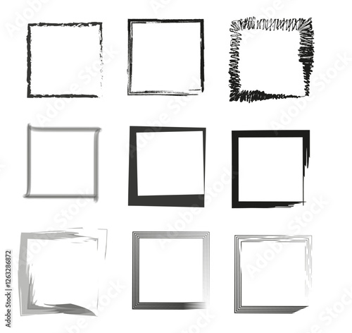 Abstract frame set. Black and white outline. Creative square designs. Vector decorative elements. EPS 10.