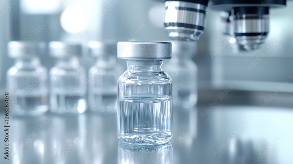 Close-Up of Glass Vial under Microscope Highlighting Clear Liquid, Scientific Research, Laboratory Equipment, Medical Research, Pharma Development and Health Innovations Close-Up of Glass Vial under Microscope Highlighting Clear Liquid, Scientific Research, Laboratory Equipment, Medical Research, Pharma Development and Health Innovations