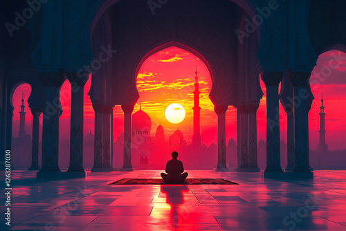 Religious muslim man praying inside the mosque. Prayer and religion.