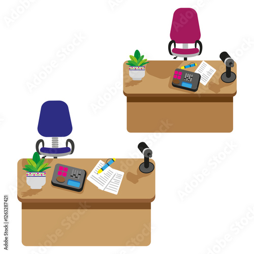 Podcast studio desk. Microphone and mixer. Professional workspace vector. Broadcasting equipment setup. EPS 10.