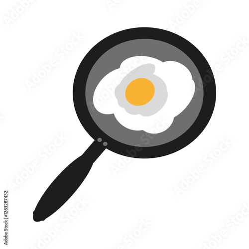 Fried egg icon. Breakfast in pan. Cooking vector illustration. Black frying surface. EPS 10.