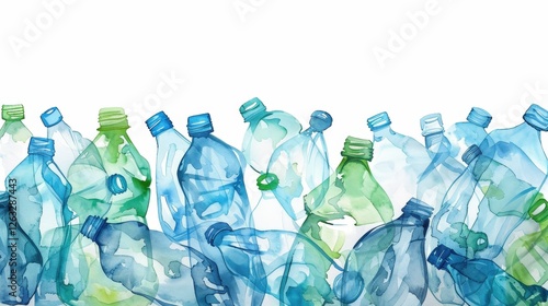 Colorful Watercolor Depiction of a Pile of Green Plastic Bottles Illustrating the Issue of Plastic Pollution. Generative AI