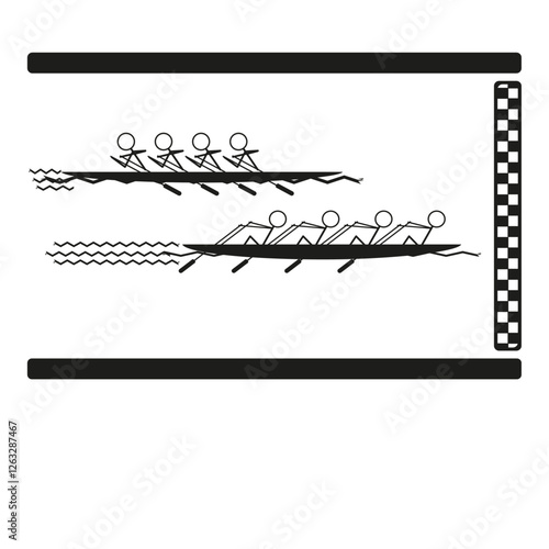 Rowing race illustration. Sports competition scene. Finish line focus. Vector activity symbol. EPS 10.