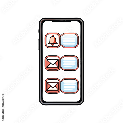 Create a clean, editable stroke vector graphic of a smartphone displaying a notification alert.  Include realistic detail and sharp lines.