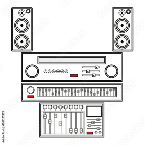 Audio system illustration. Stereo speakers setup. Musical equipment vector. Modern sound control. EPS 10.