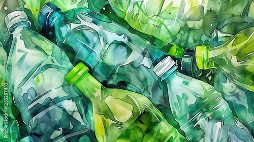 Colorful Watercolor Representation of Plastic Pollution With Green Bottles Highlighting Environmental Issues and Challenges. Generative AI