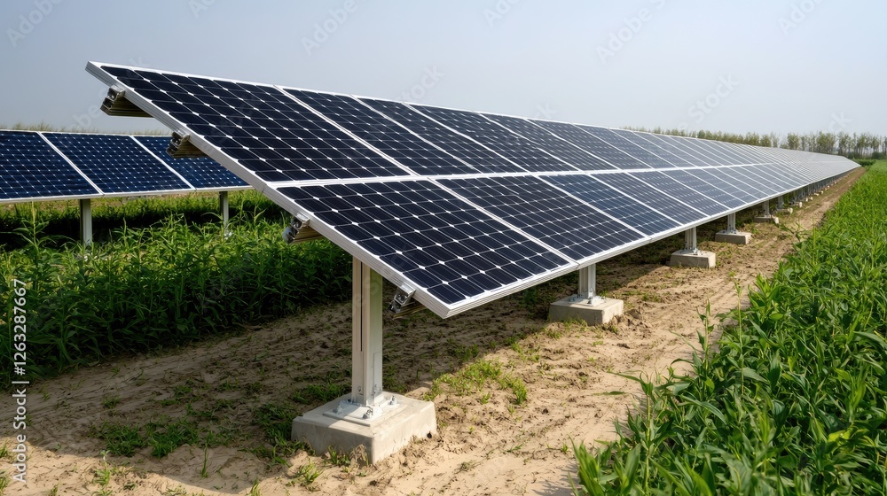 Solar panels in field, renewable energy, sunny day